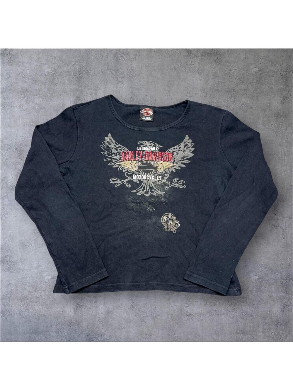Vintage Y2K Harley Davidson Motorcycle Biker Bald Eagle Long Sleeve Womens Tee L - Picture 1 of 5